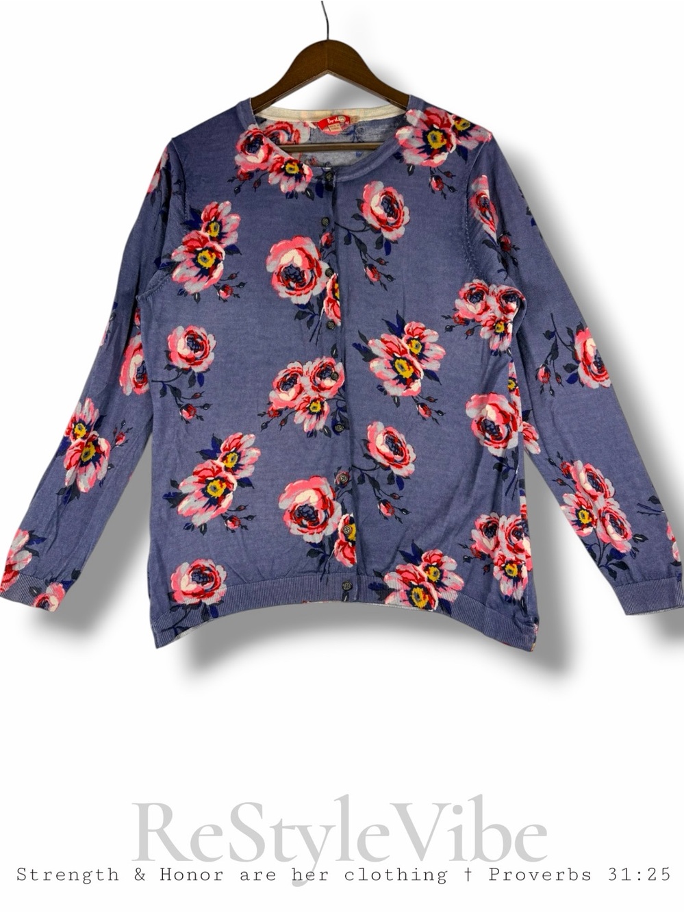 BODEN Women’s Size 16 Sweater Cardigan Knit Wool Floral Crewneck Button Close